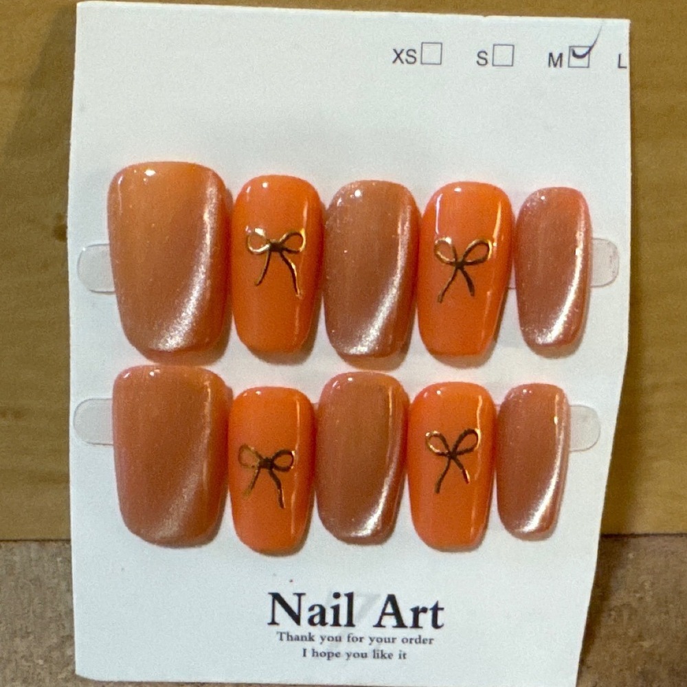 Orange Cat Eye Press On Nails with Gold Bows Medium Almond Coquette Nail Art Set